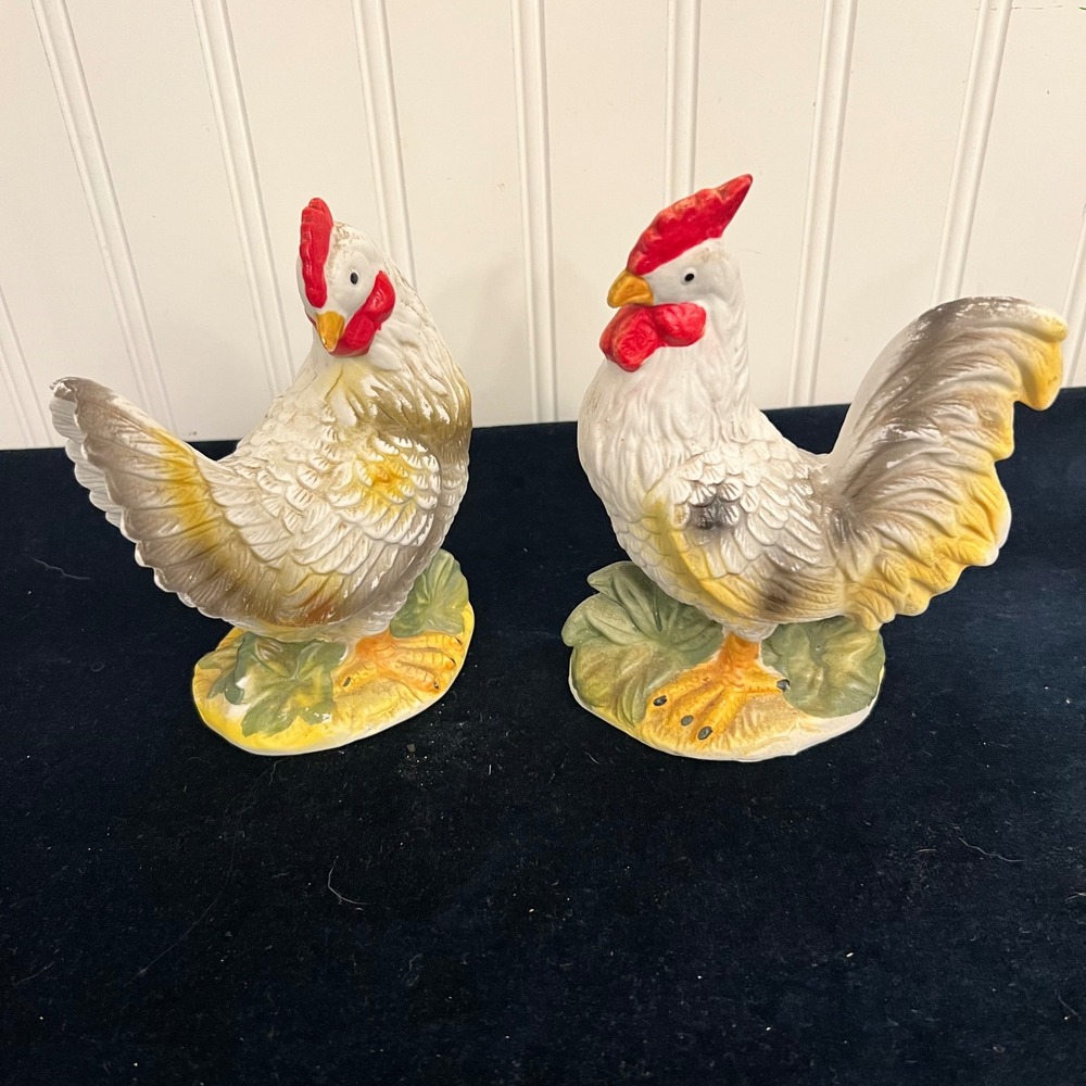Vintage Mid-Century Painted Rooster & Hen Figurines | Cottage Farmhouse